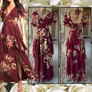 Lulus Tiered Floral Burgundy Maxi Dress Size S